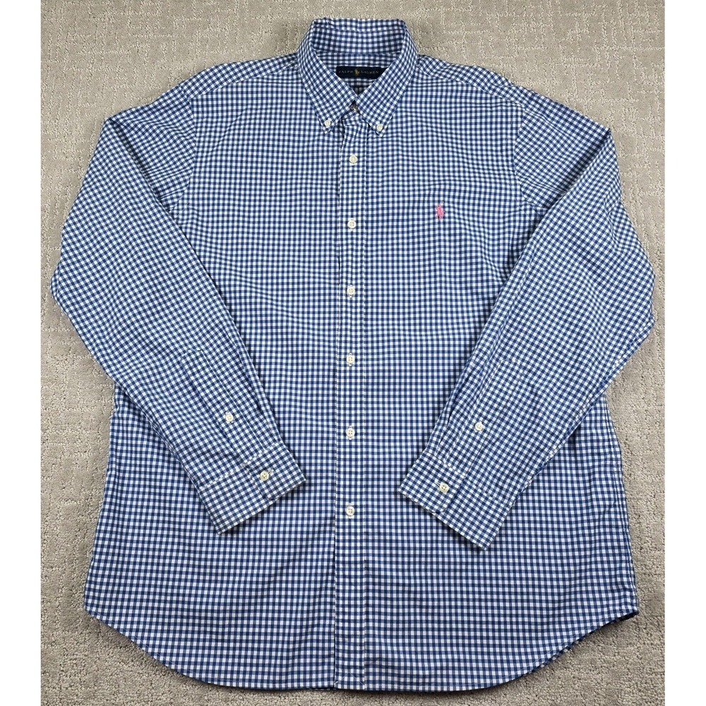 Ralph Lauren Blue Gingham Check Long Sleeve Casual Shirt Men's Size XL Pink Pony